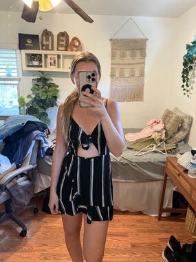 Striped Black Tie-Front Romper